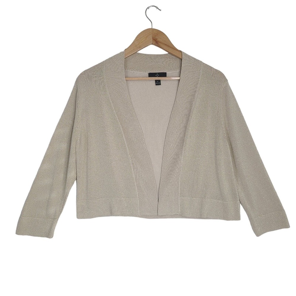 Ronni Nicole Cropped Open Cardigan Sweater Shrug 3/4 Sleeve Sparkly NEW | L